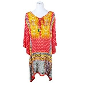 Anandas Collection Womens XL Boho Tunic Dress Red Yellow Paisley Rayon Tassel